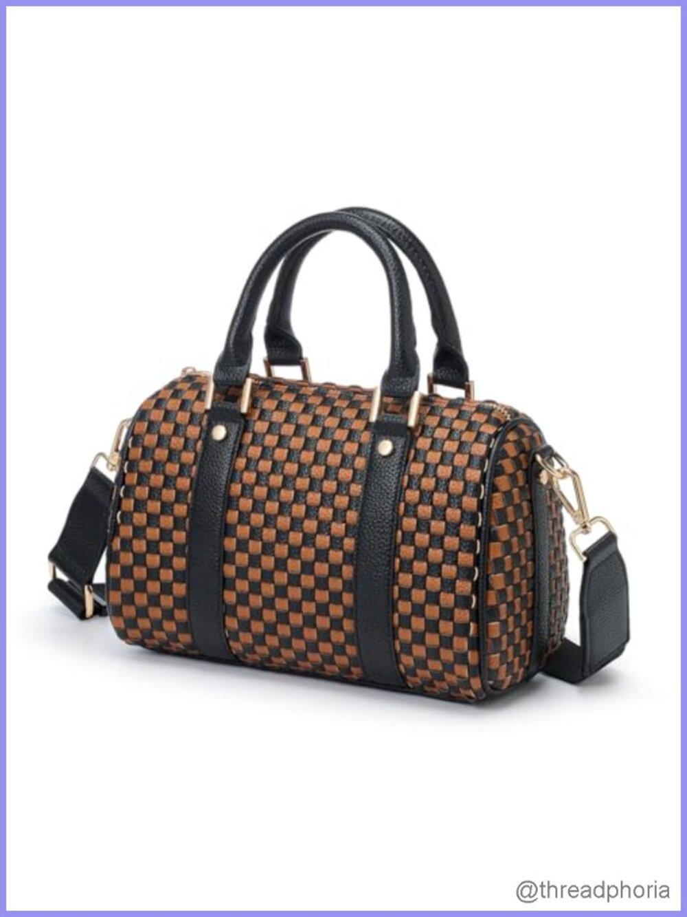 Vegan Leather Woven Checkered Crossbody Handbag Satchel with Top Handle &